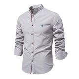 Men's Casual Cotton Linen Blended Stand Collar Slim Long Sleeve Shirt 21204965M