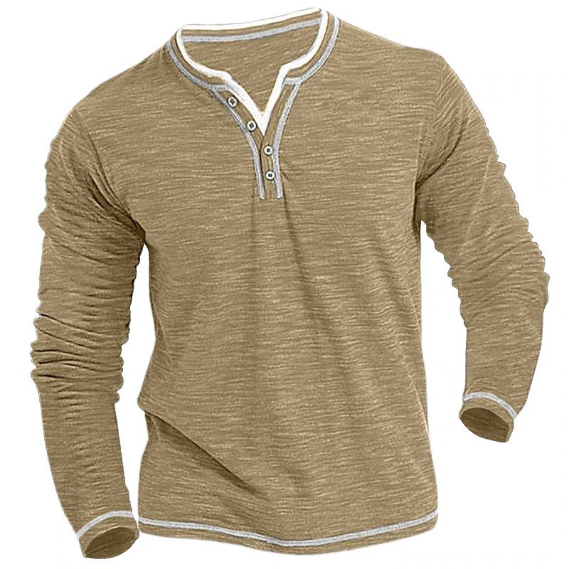 Men's Color Block Henley Collar Long Sleeve Casual T-shirt 26157436Z