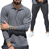 Men's Casual Solid Color Long Sleeve Polo Shirt Stripe Pants Set 73645896Y