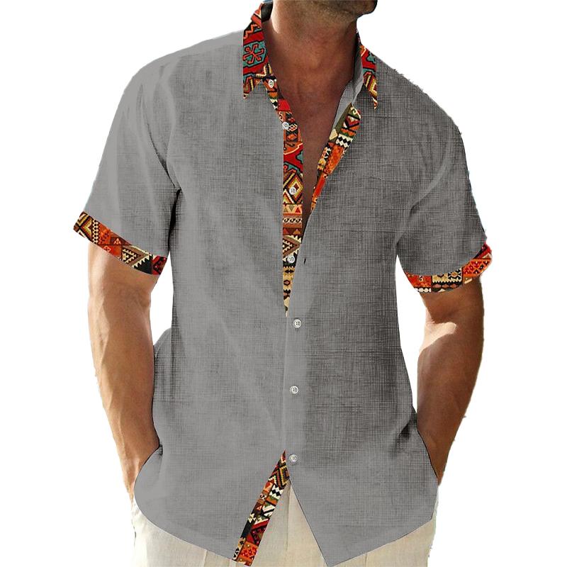 Men's Vintage Contrast Printed Lapel Short Sleeve Shirt 26925141Y