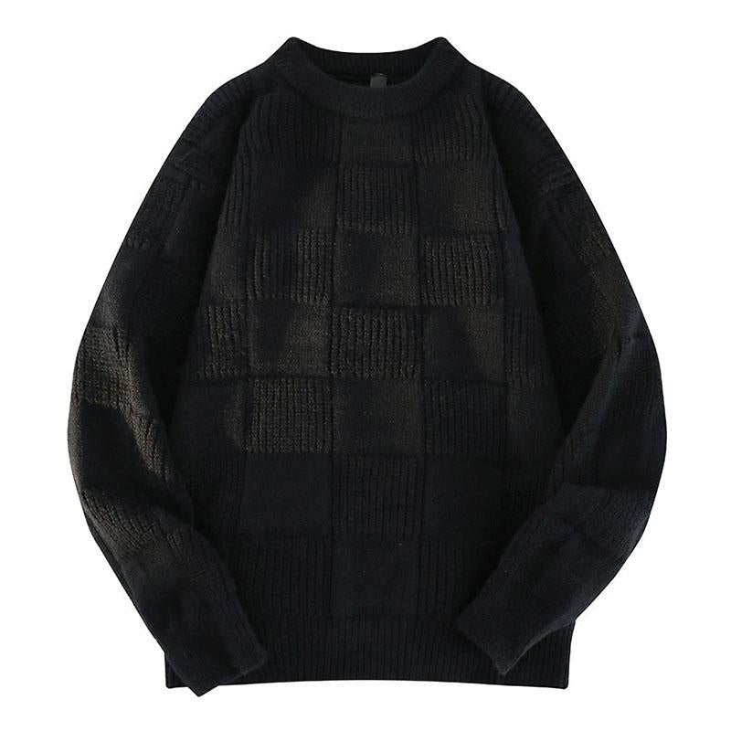 Men's Casual Solid Color Round Neck Plaid Texture Knitted Pullover Sweater 53899454M