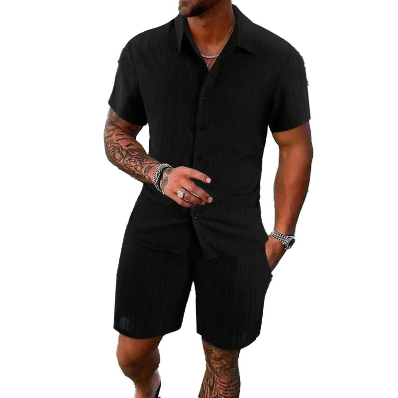 Men's Solid Color Striped Lapel Short Sleeve Shorts Casual Set  63428764X