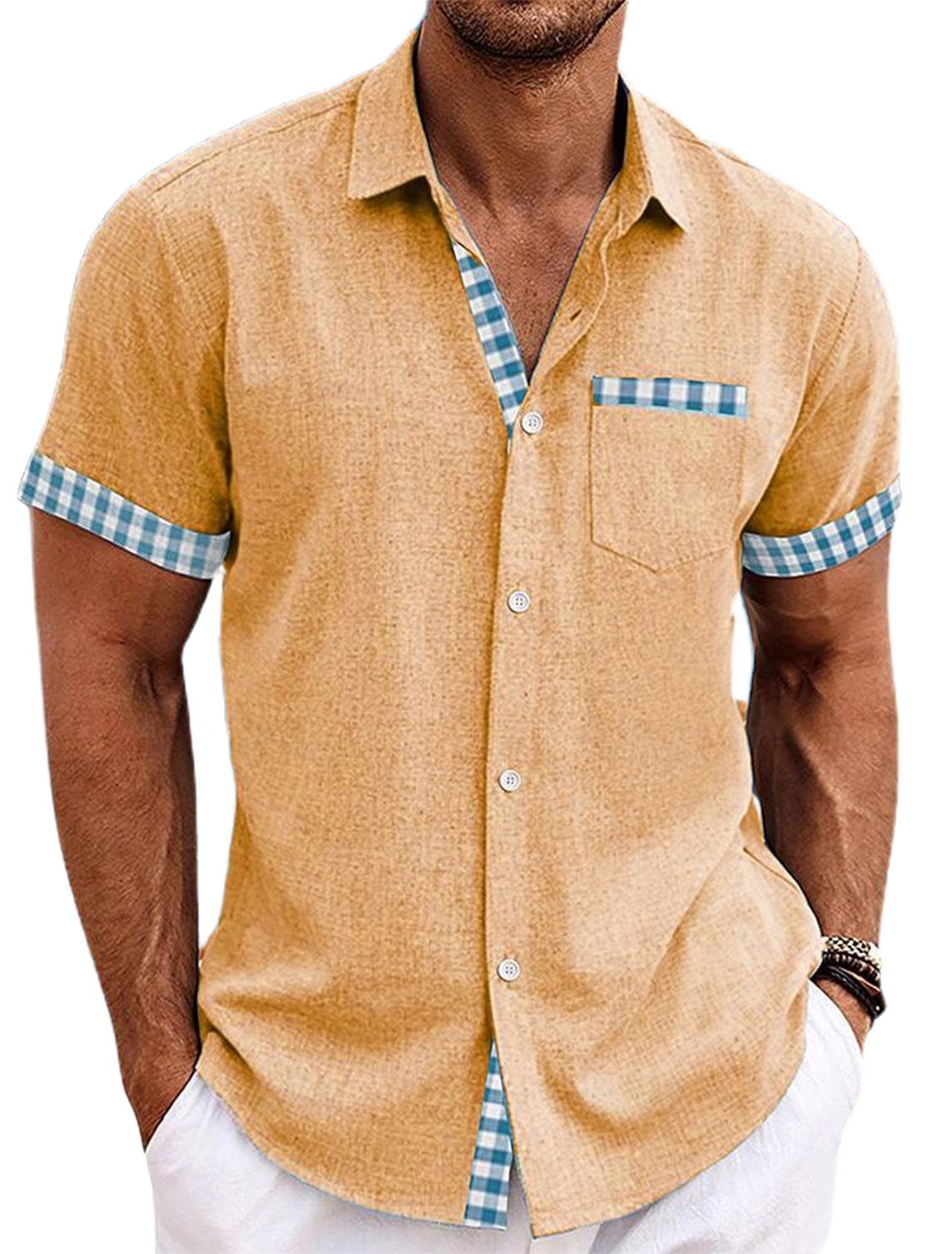 Men's Plaid Lapel Short Sleeve Shirt 11387978Y