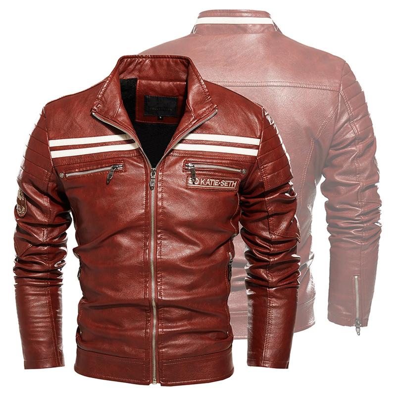 Men's Autumn Winter Motorcycle Fleece Leather Jacket 48685615U