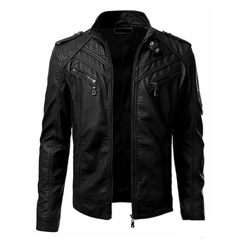 Men's Vintage Patchwork Stand Collar Zipper Leather Biker Jacket 98356078M