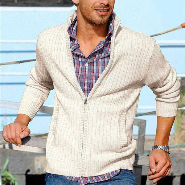 Men's Stand Collar Zipper Striped Knit Cardigan 01910471U