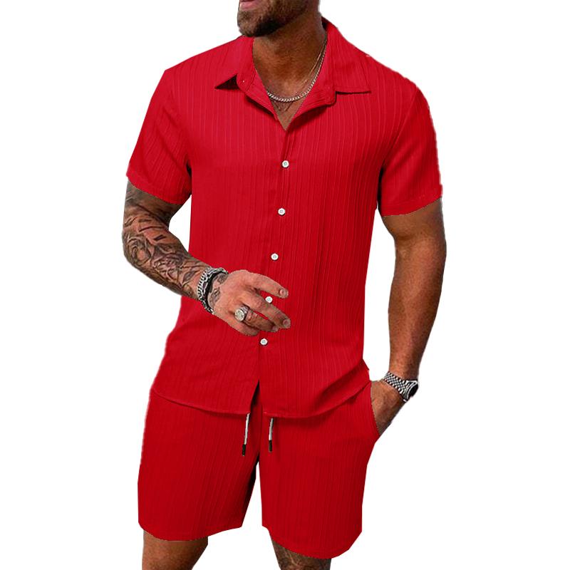 Men's Solid Color Striped Lapel Short Sleeve Shorts Casual Set  63428764X