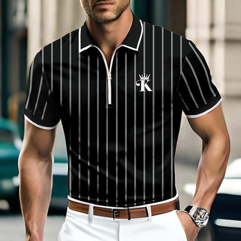 Men's Casual Striped Letter Print Zipper Short-Sleeved Polo Shirt 55096504Y