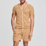 Men's Casual Solid Color Loose Knitted Short-Sleeved Shirt Shorts Set 69501013M