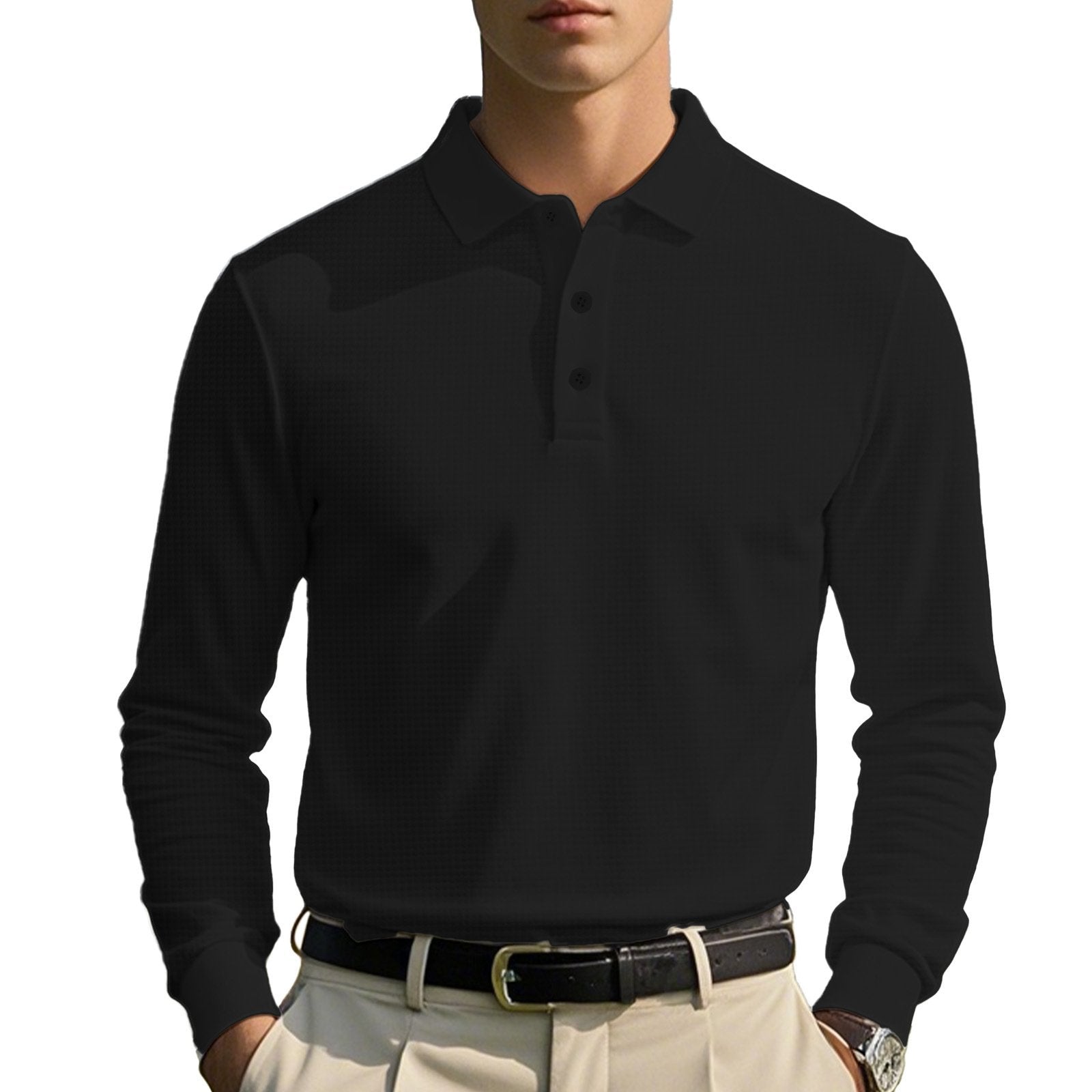 Men's Solid Color Waffle Lapel Long Sleeve Polo Shirt 41139532Z