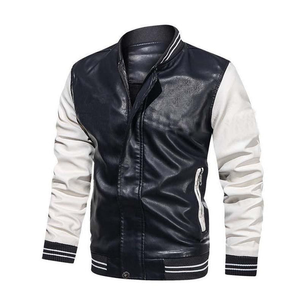 Men's Classic Casual Colorblock Zipper Stand Collar PU Leather Jacket 34793826K