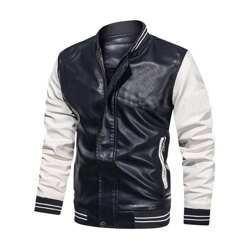 Men's Classic Casual Colorblock Zipper Stand Collar PU Leather Jacket 34793826K