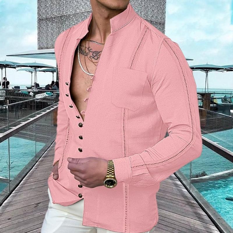Men's Casual Solid Color Button Breast Pocket Long Sleeve Shirt 47920593Y