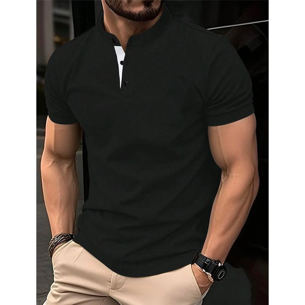Men's Solid Color Stand Collar Button Down Short Sleeve Polo Shirt 69522093Y