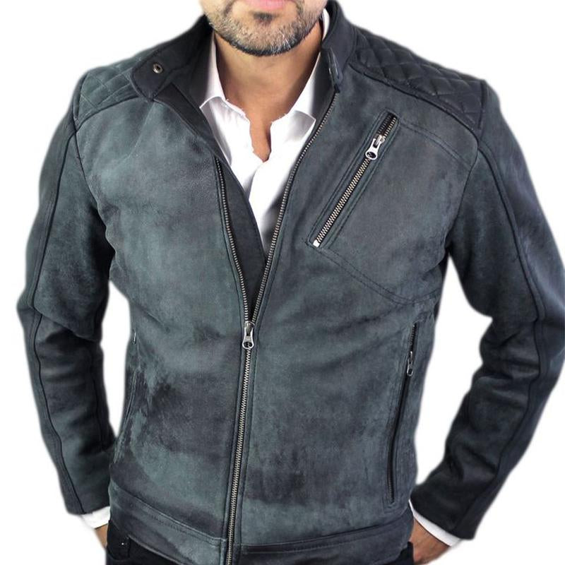 Men's Vintage Stand Collar Zip-Up Leather Jacket 20050701U