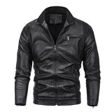 Men's Vintage Stand Collar Velvet Zipper Motorcycle Leather Jacket 80627391M