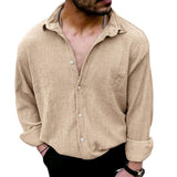 Men's Solid Loose Linen Lapel Long Sleeve Shirt 20359085Z