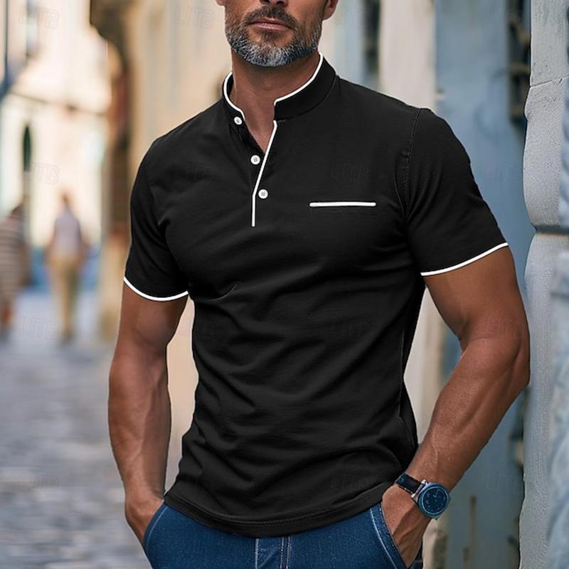 Men's Casual Cotton Blend Contrast Stand Collar Slim Fit Short Sleeve T-Shirt 17576077M