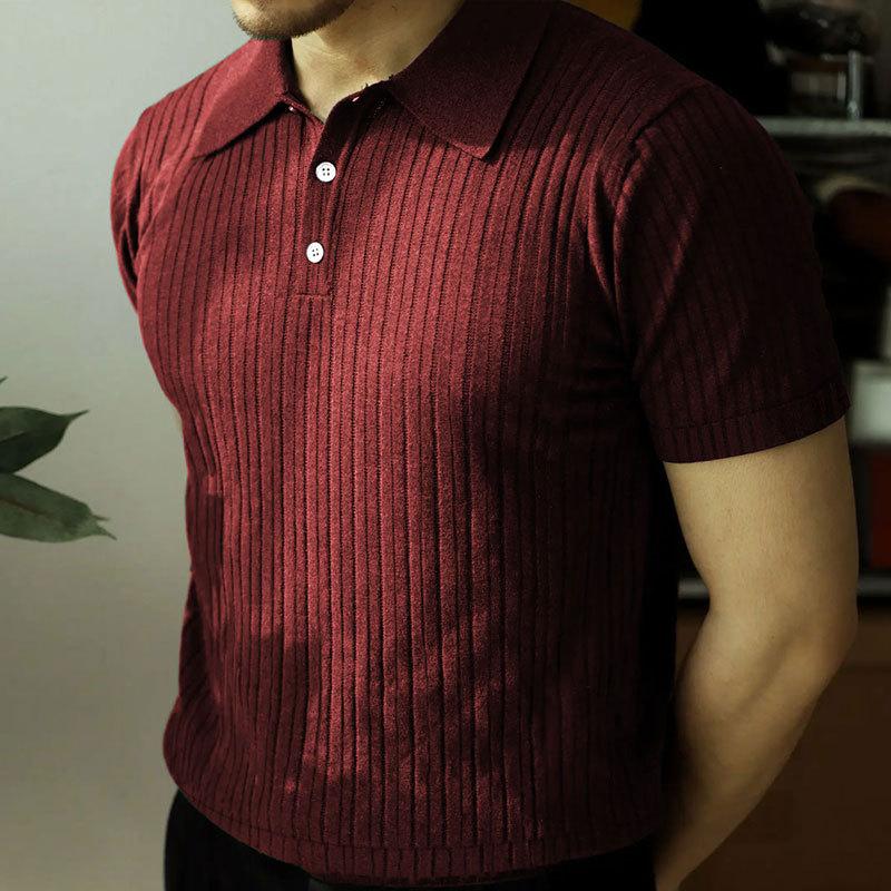Men's Casual Solid Color Striped Lapel Short Sleeve Polo Shirt 31479599M