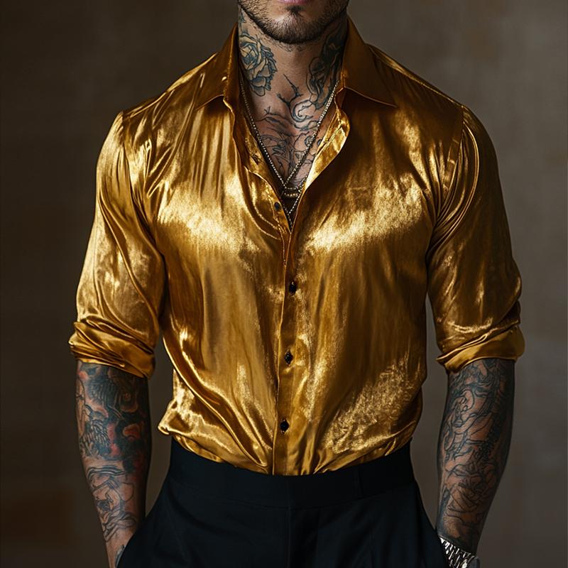 Men's Retro Casual Gold Velvet Lapel Long Sleeve Shirt 35471815TO