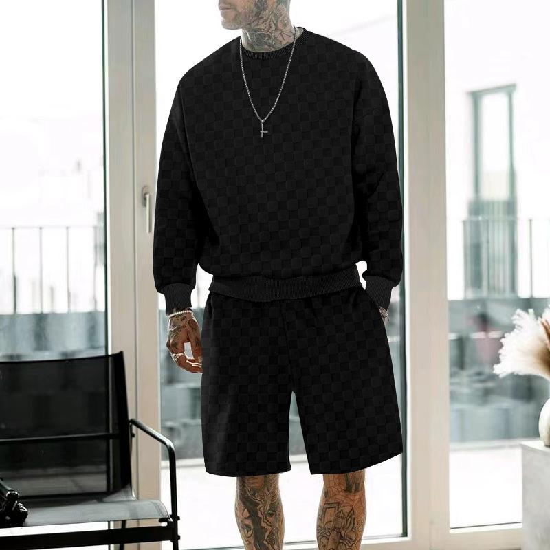 Men's Casual Checkerboard Round Neck Loose Long-sleeved Sweatshirt Sports Shorts Set 53822799M