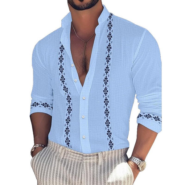 Men's Casual Stand Collar Printed Stitching Cotton Linen Long-Sleeved Shirt 30268111M