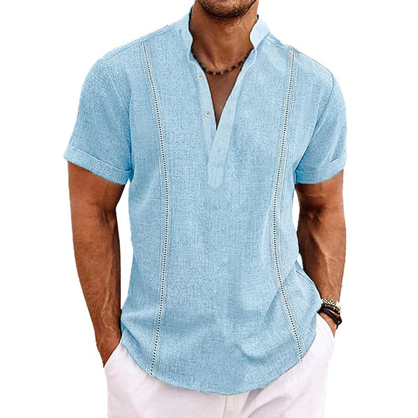 Men's Solid Color Patchwork Stand Collar Short-sleeved Shirt 28223830X