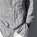 Men's Cotton and Linen Lapel Long Sleeve Shirt 21644663X