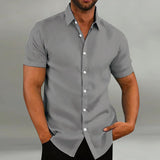 Men's Casual Cotton And Linen Solid Color Short Sleeved Shirt 35252025Y