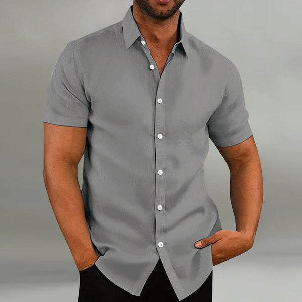 Men's Casual Cotton And Linen Solid Color Short Sleeved Shirt 35252025Y