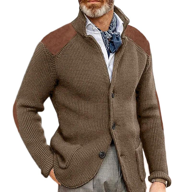 Herren Vintage Stehkragen Patchwork Schlank Langarm Strick Blazer 67697292M