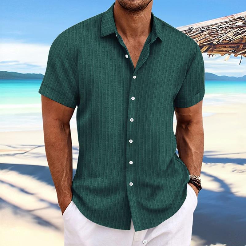 Chemise ample à manches courtes et revers en coton et lin pour homme, à rayures, 89995369X