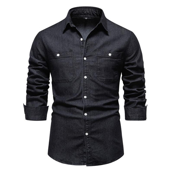 Men's Solid Color Lapel Denim Long Sleeve Shirt 52034788X