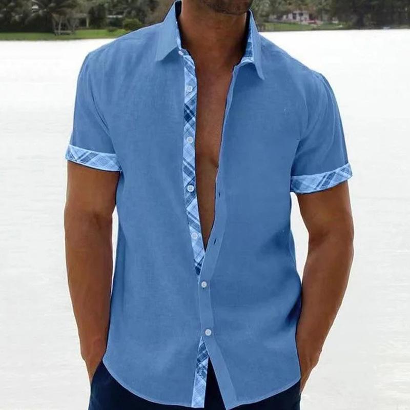 Men's Casual Plaid Stitching Lapel Short Sleeve Shirt 46222268Z