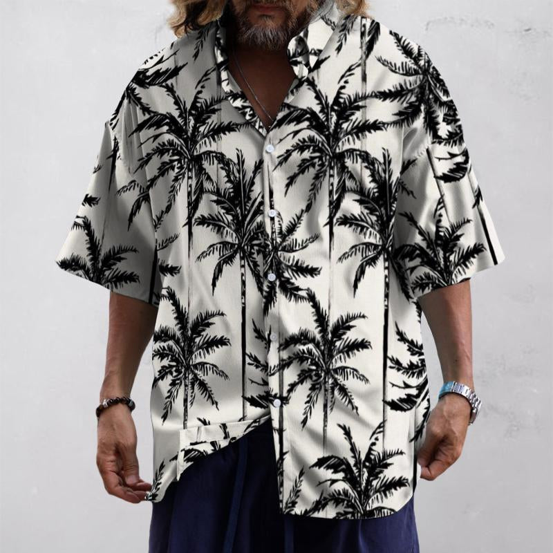 Men's Casual Hawaiian Beach Coconut Tree Lapel Short Sleeve Shirt 24989992TO