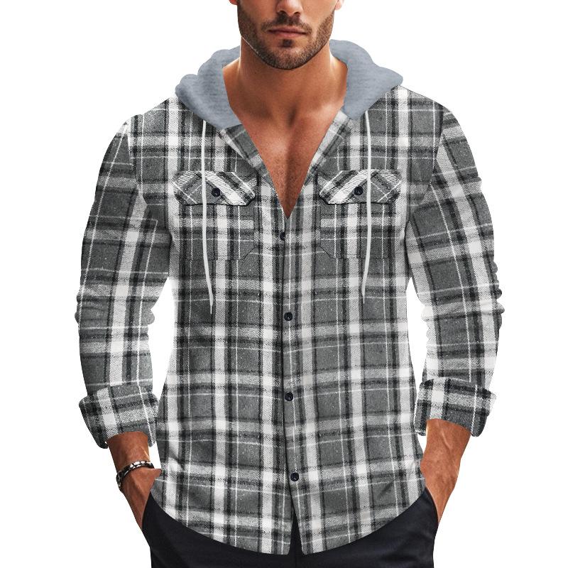 Men's Flannel Hooded Chest Pocket Long Sleeve Casual Shirt 66418582Z