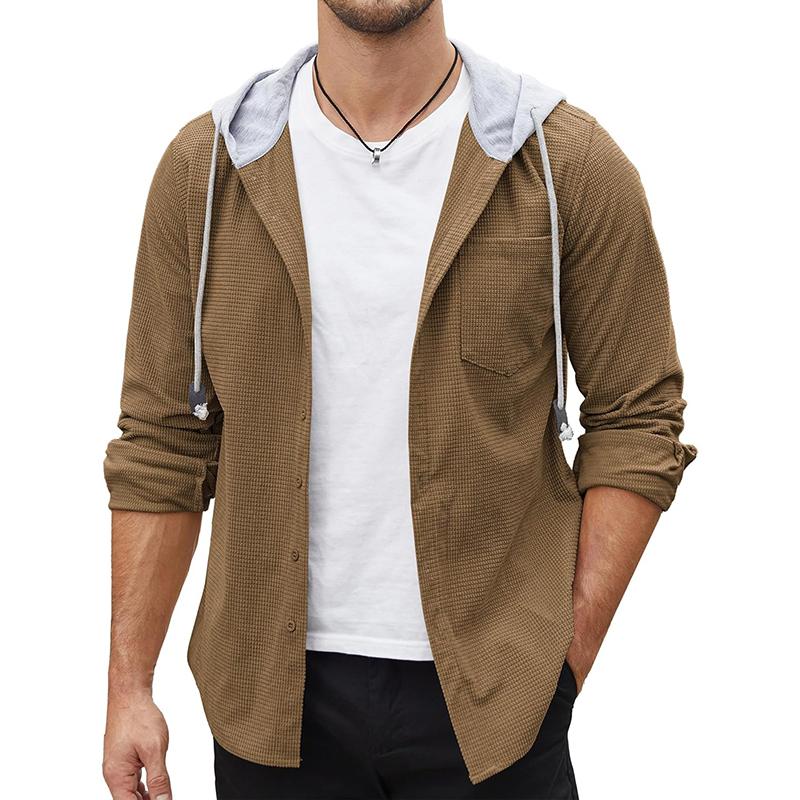 Men's Casual Solid Corduroy Pocket Hooded Shirt 56697277Y