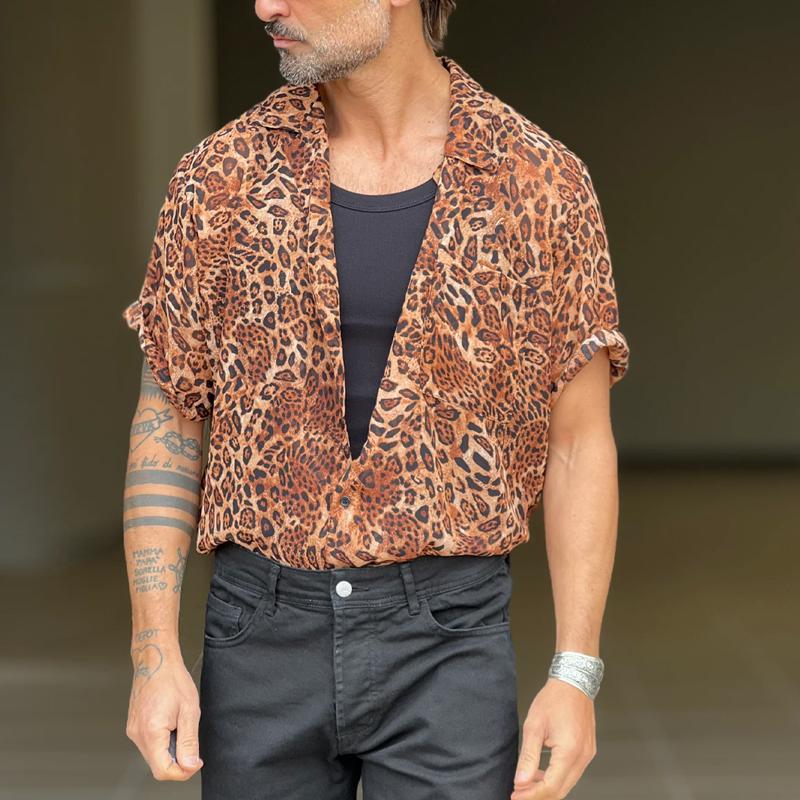 Men's Leopard Print V-Neck Short Sleeve Shirt 94044330Y