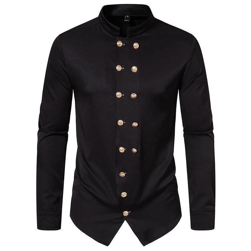 Men's British Vintage Double Breasted Stand Collar Long Sleeve Shirt 07650067X