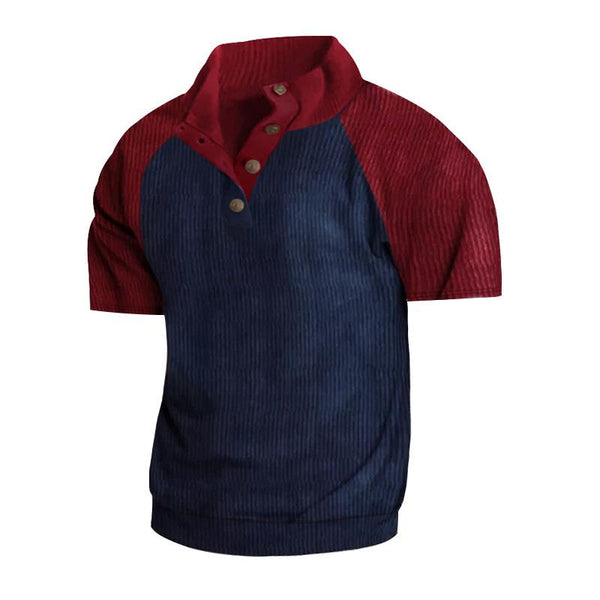 Men's Casual Corduroy Stand Collar Raglan Sleeve Color Block Short Sleeve POLO Shirt 65420184Y