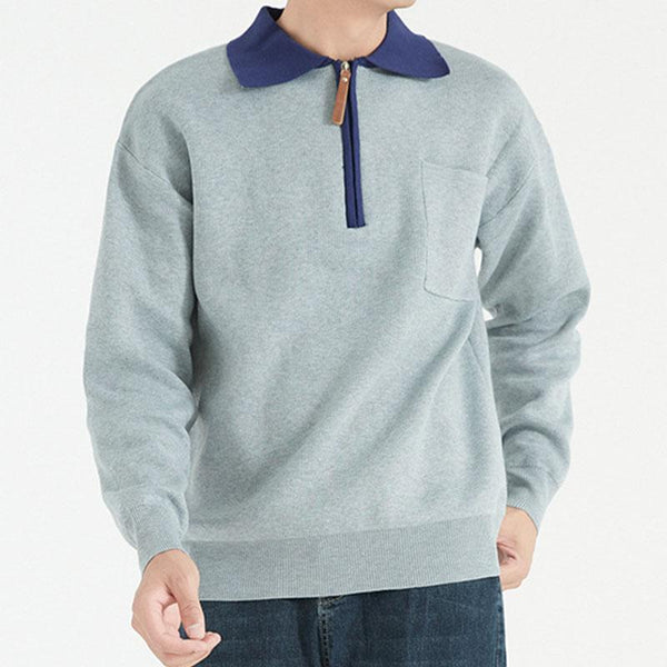 Men's Casual Colorblock Lapel Zipper Knitted Pullover Polo Sweater 69251354M