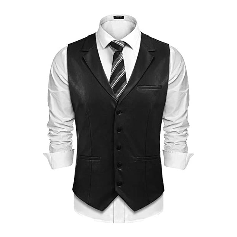 Men's Vintage V Neck Slim Single Breasted Leather Vest 90958464M