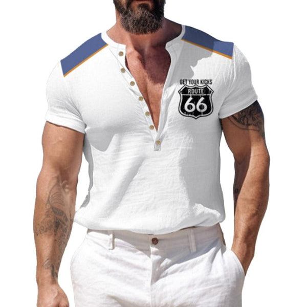 Men's Vintage Print 7 Button Henley Pullover Short Sleeve T-Shirt 42274593X
