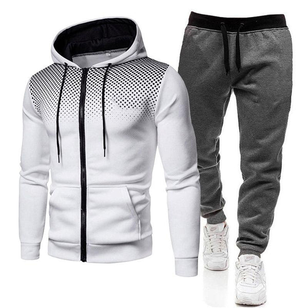 Men's Casual Polka Dot Print Hooded Zipper Jacket Sweatpants Sports Set 47845142M