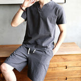 Men's Casual V-Neck Cotton Linen Short-Sleeved T-Shirt Loose Shorts Set 82876288M