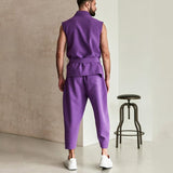 Men's Fashionable Solid Color Strappy Sleeveless Cardigan Pants Set 14746208M