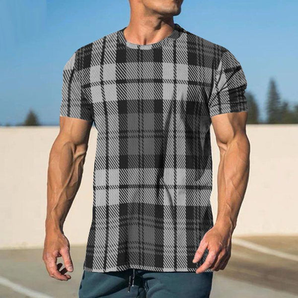 Men's Casual Plaid Round Neck Short-sleeved T-shirt 00639765TO