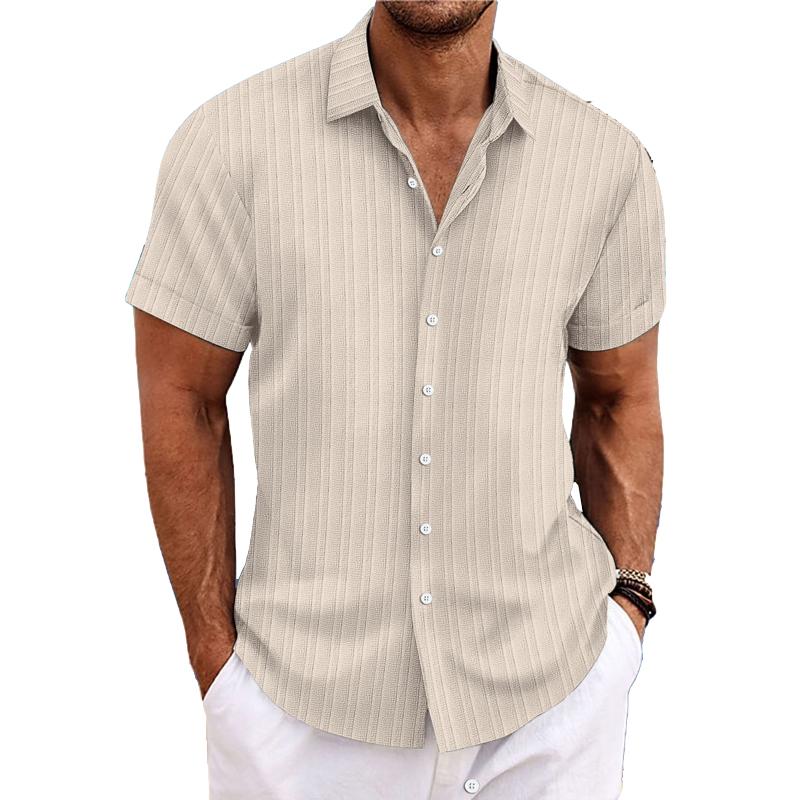 Men's Cotton Linen Stripe Print Loose Short Sleeve Lapel Shirt 89995369X