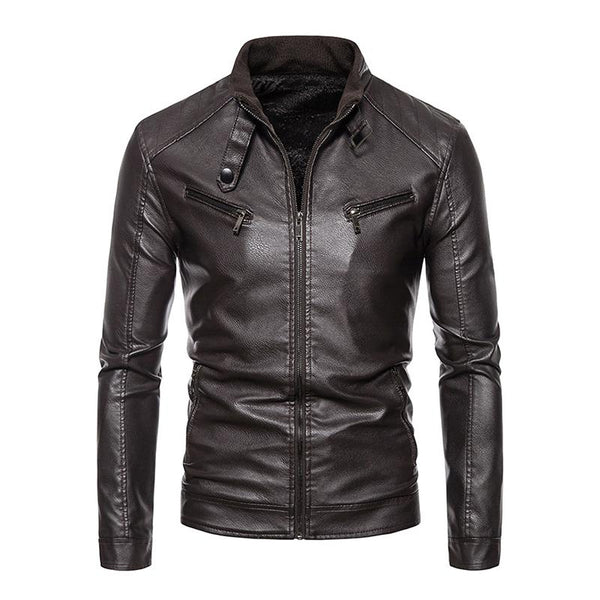 Men's Vintage Stand Collar Fleece Zipper Long Sleeve Leather Jacket 97515070M