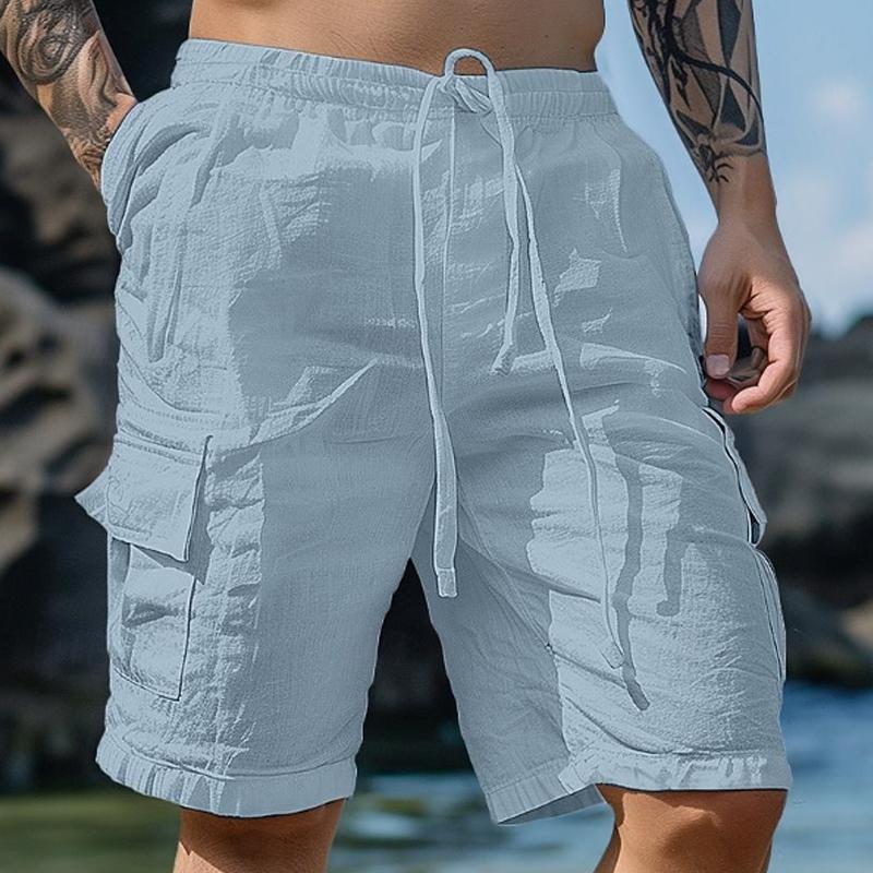 Short de plage en coton et lin de couleur unie avec cordon de serrage pour homme 22879452Y